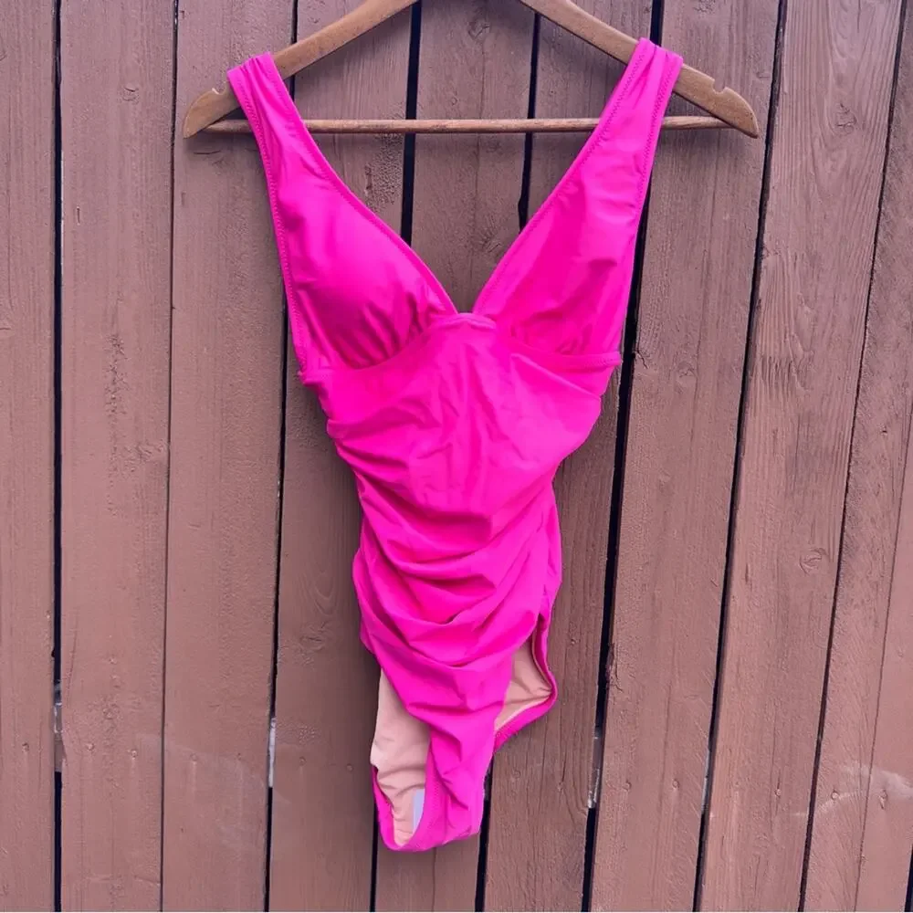 J. Crew | NWT Size 2 Ruched V Neck One Piece Fuchsia Bathing Suit Style BC116